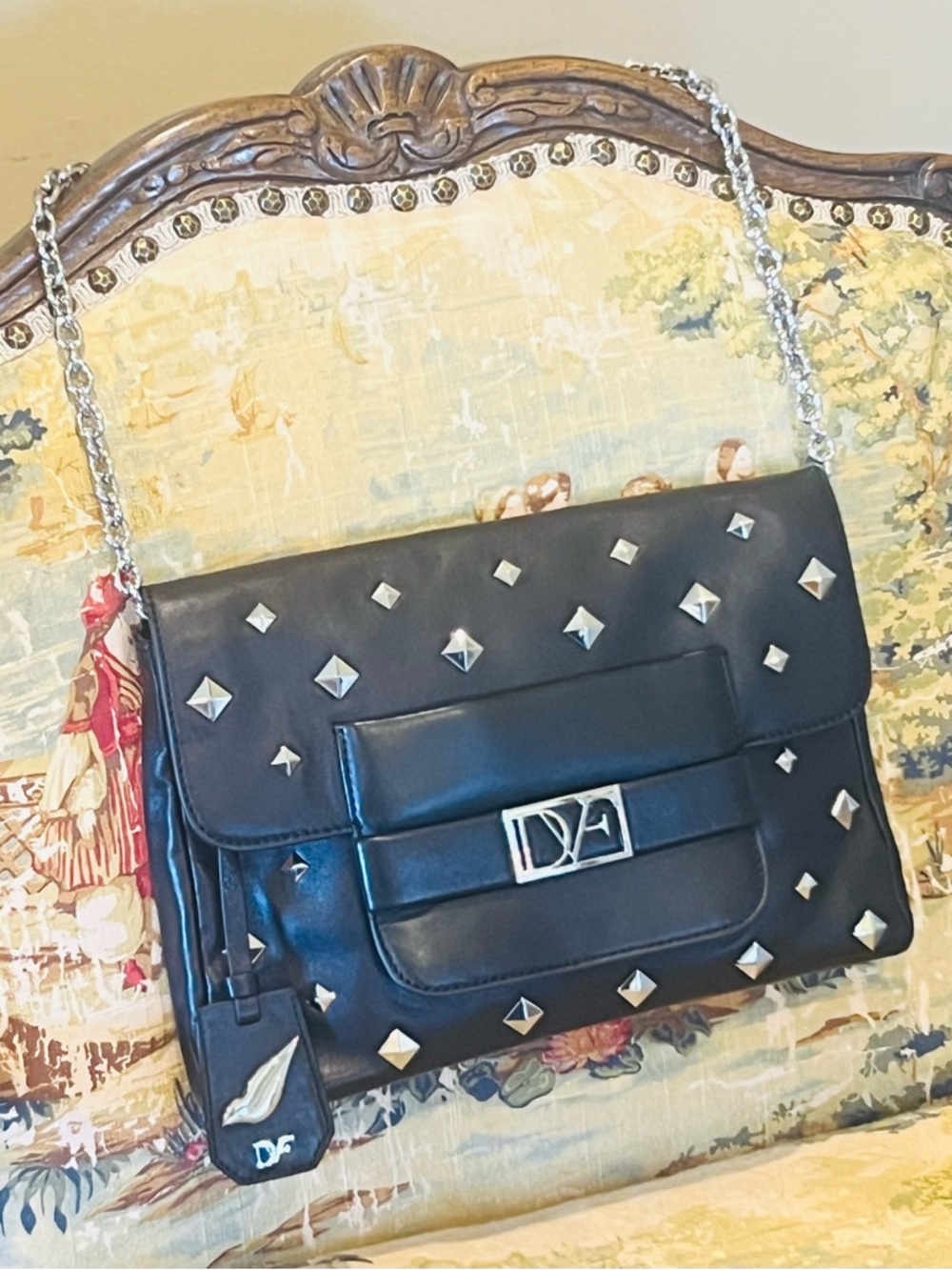 Diane Von Furstenberg Momosa Black Leather Bag Silver Pyramid Studs NEW